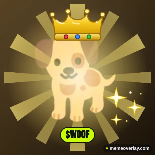 Dog emoji meme with crown, god rays and $WOOF ticker chip
